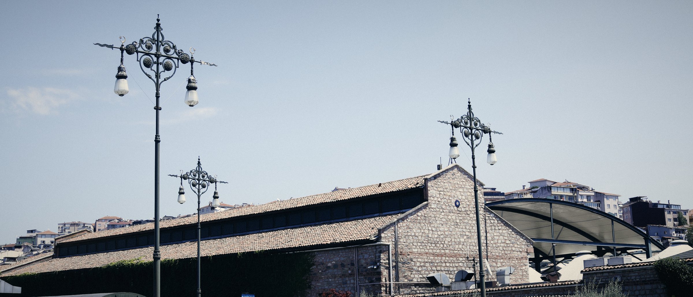 Stone museum building and ornate street lamps against the sky